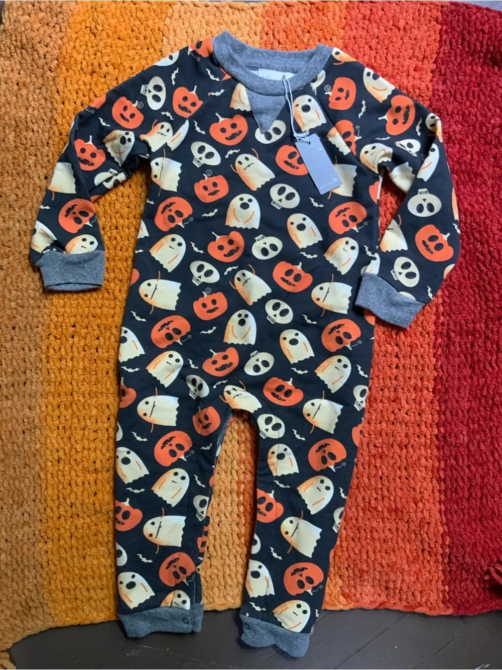 Kids Halloween Ghost & Pumpkin One-Piece Bodysuit - black & orange